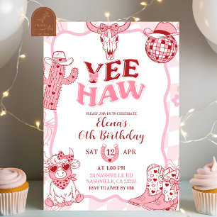 Pastel Retro Yeehaw Cowgirl Birthday party Invitation