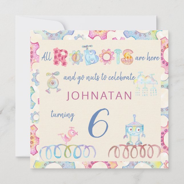 Pastel robots anniversaire enfant invitation (Devant)