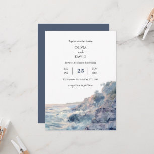  Pastel Rocky Shoreline Sunrise Art Beach Wedding  Invitation