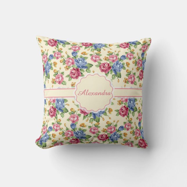 Pastel Romantic blossom Pink, Red, Blue Roses name Throw Pillow (Front)