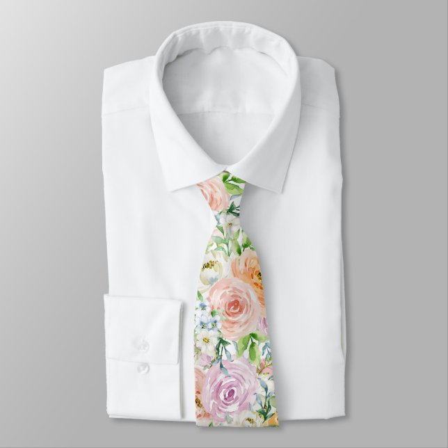 Pastel Romantic Roses Pattern Short  Tie (Tied)