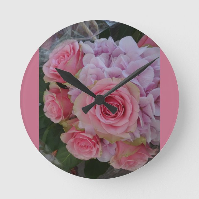 Pastel Rose and Hydrangea Flowers Wall Clock (Front)