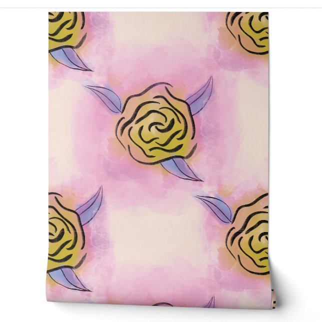Pastel Rose Floral Block Prints - Golden yellow an Wallpaper (Unrolling)