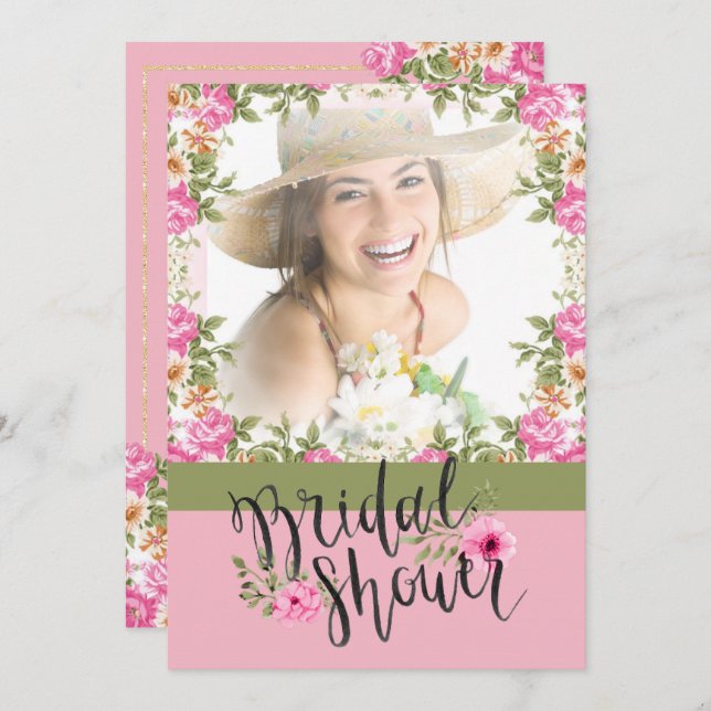 Pastel Rose Floral Photo Bridal Douche Invitation (Devant / Derrière)