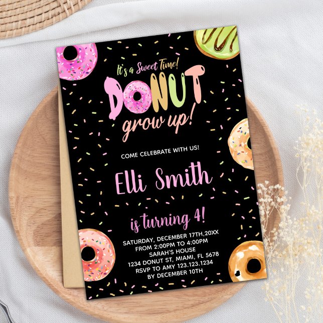 Pastel Rose Noir Donut Invitations Anniversaire (Pastel Pink Black Donut Birthday Invitations)