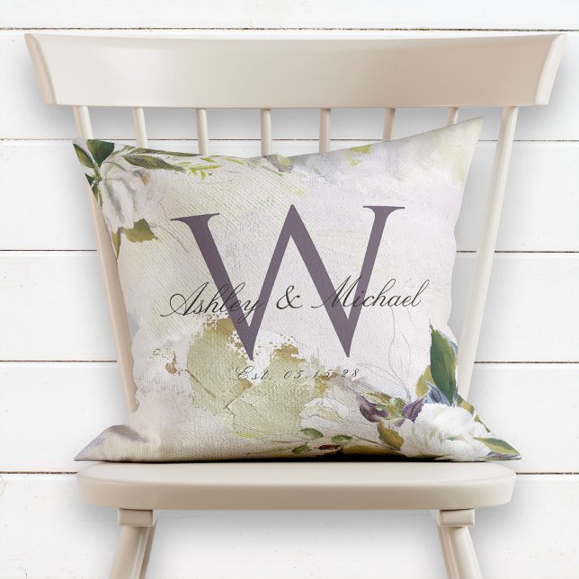 Pastel Rose Purple Monogram Wedding Keepsake Throw Pillow (Creator Uploaded)