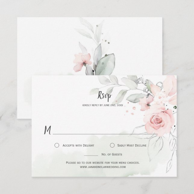 Pastel Rose Roses Pale Vert Feuilles Floral RSVP (Devant / Derrière)