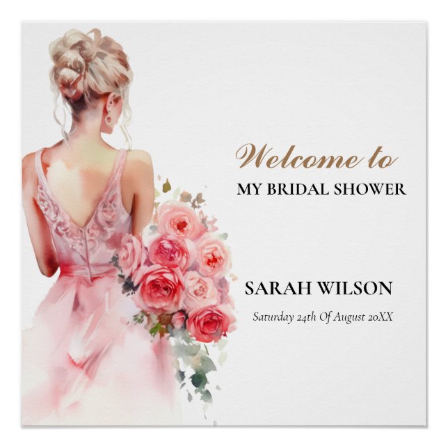 Pastel Rose Watercolor Wedding Gown Bridal Shower  Poster (Front)