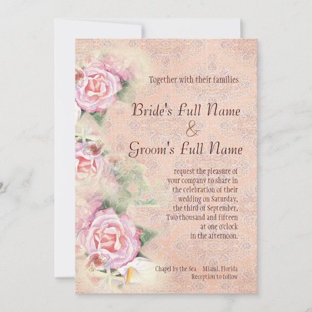 Pastel Roses & Calla Lilies Faire-part de mariage (Devant)