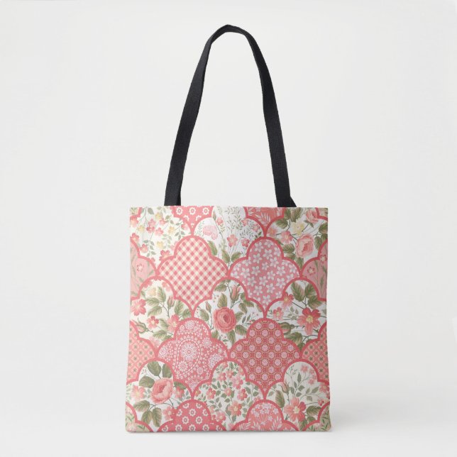 Pastel Roses Floral Patchwork Pattern Tote Bag (Front)