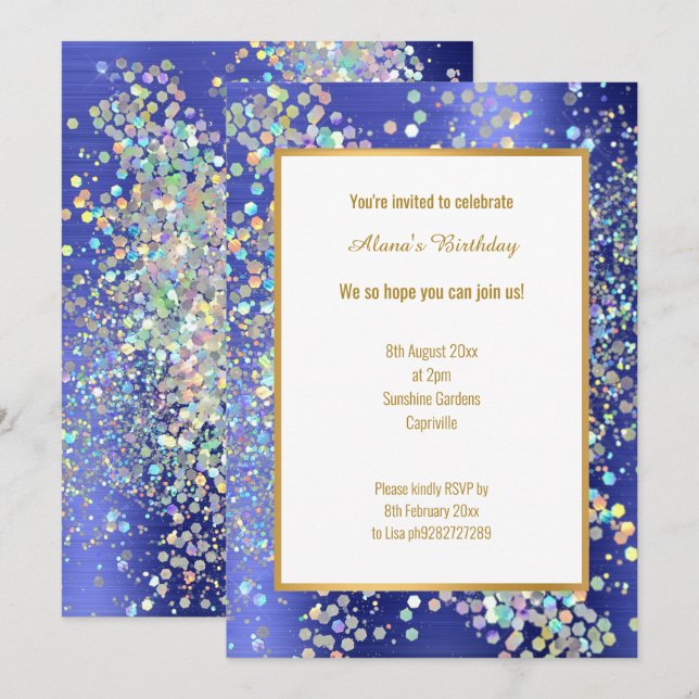 PASTEL ROYAL BLUE TEXTURED HOLOGRAPHIC INVITATION (Front/Back)