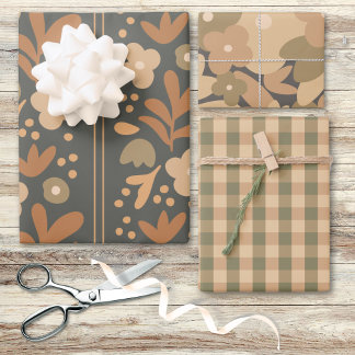 Pastel Rust Peach Floral Country Cottage Plaid Wrapping Paper Sheet