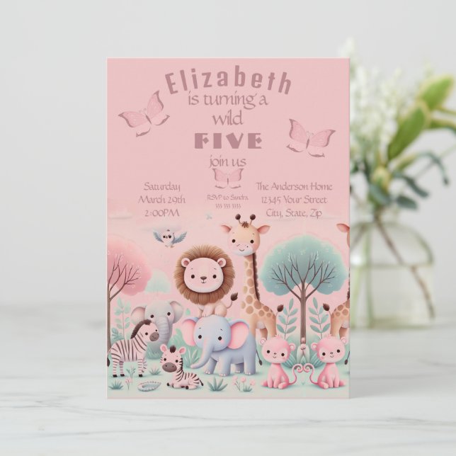 Pastel Safari Birthday Invitation for Girl (Standing Front)