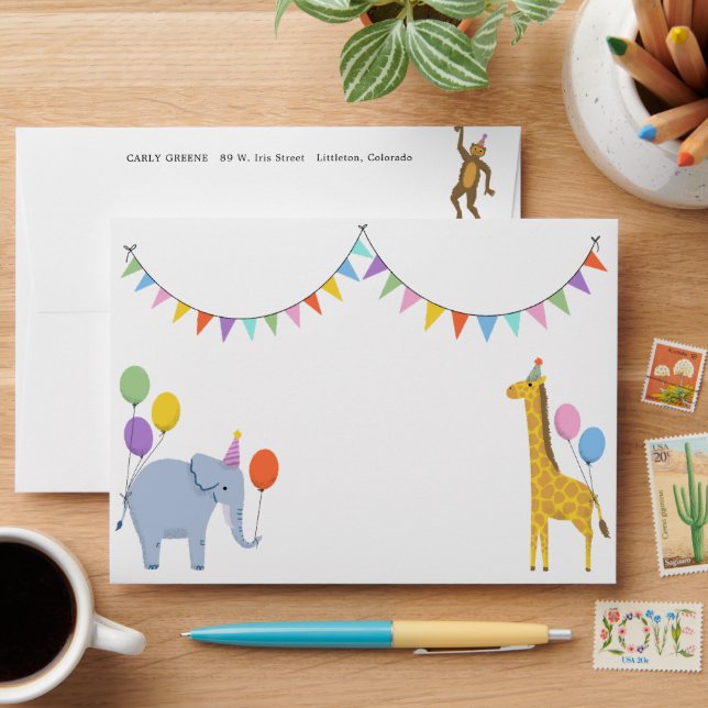 Pastel Safari Birthday Party Animals with Balloons Envelope (Desk)