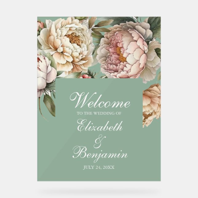 Pastel Sage Green Blush Pink Peony Mariage Bienven (Recto)