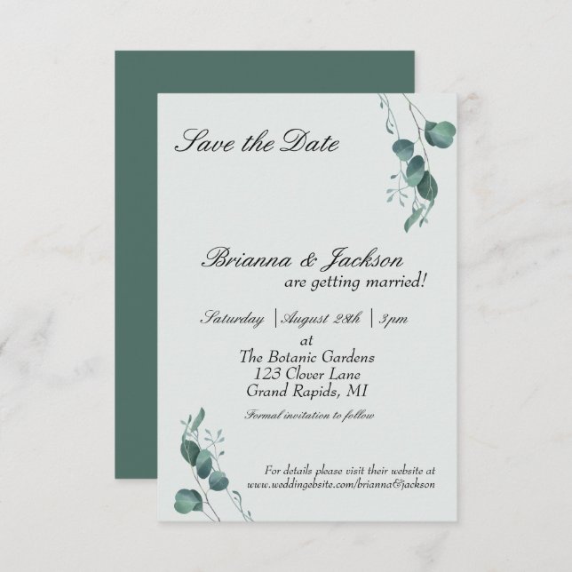Pastel Sage Green Eucalyptus Wedding Save The Date (Front/Back)