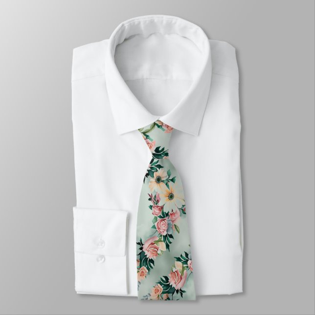 Pastel Sage Green Yellow Daisy Flowers Pink Roses Tie (Tied)