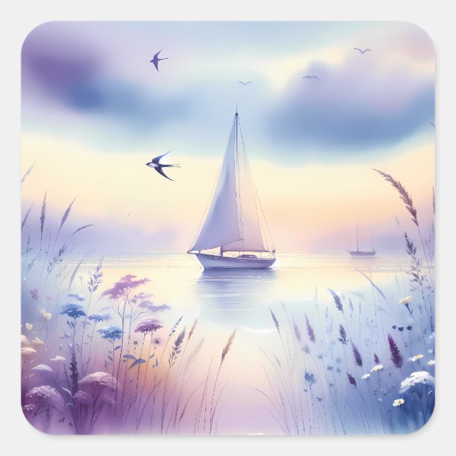 Pastel Sailboat Coastal Dreamscape Square Sticker (Front)