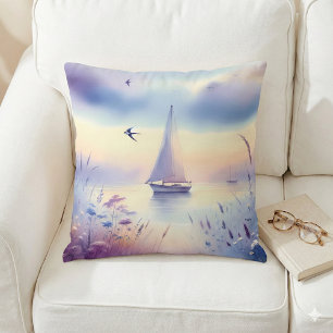 Pastel Sailboat Coastal Dreamscape Throw Pillow