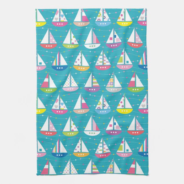 Pastel Sailboat Pattern Kitchen Towel (Vertical)