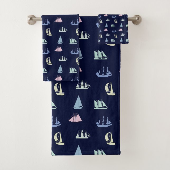 Pastel Sailboat Pattern on Midnight Blue Bath Towel Set (Insitu)