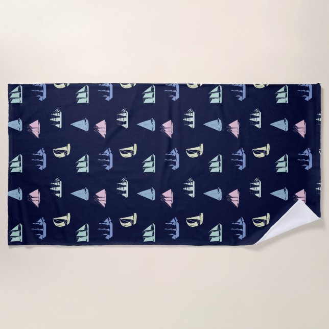 Pastel Sailboat Pattern on Midnight Blue Beach Towel (Front)