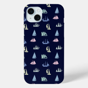 Pastel Sailboat Pattern on Midnight Blue iPhone 15 Mini Case