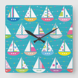 Pastel Sailboat Pattern Square Wall Clock