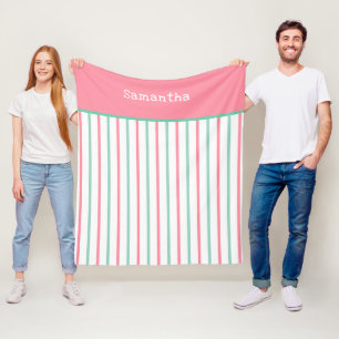 Pastel Salmon Pink Mint Green Stripes Name Fleece Blanket