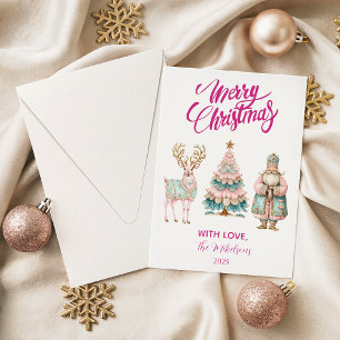 Pastel Santa and Reindeer Christmas Holiday Card