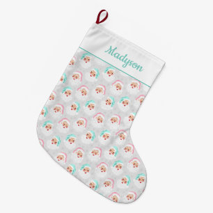 Pastel Santa Claus Faces Vintage Christmas Large Christmas Stocking