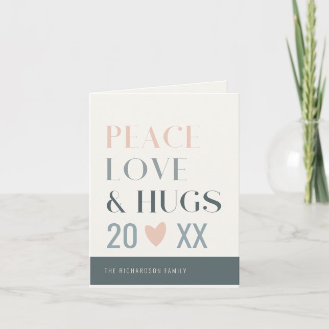 Pastel Scandi Blush Grey Peace Love & Hugs 2023 Holiday Card (Front)