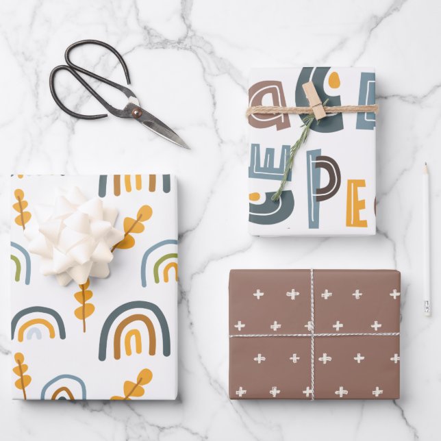 Pastel Scandi Rainbow Tree Text Peace Christmas Wrapping Paper Sheet (Front)