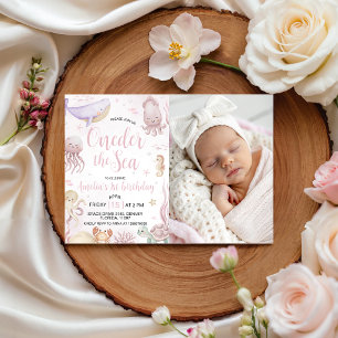Pastel Sea Animals Photo 1st Birthday Invitation