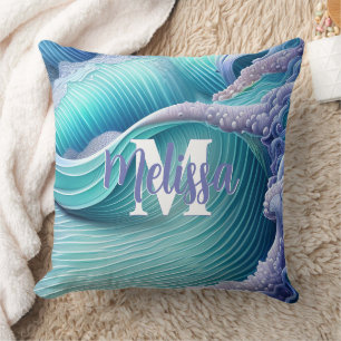 Pastel Sea Waves Monogram Throw Pillow