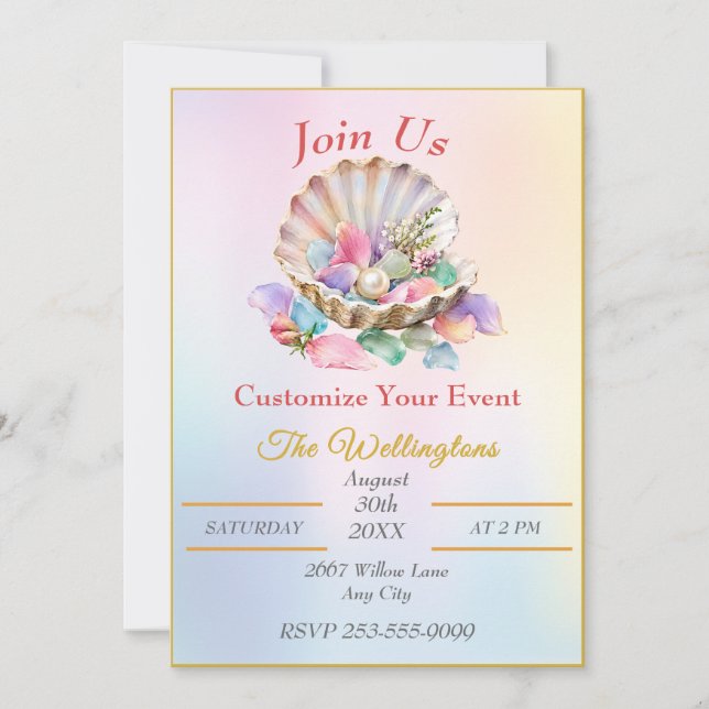 Pastel Seashell Pearl Coastal Design Customize Invitation (Front)