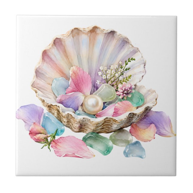 Pastel Seashell Pearl Ocean Beach Coastal Art Tile (Front)