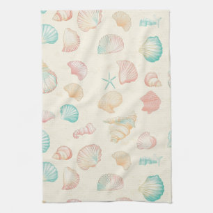 Pastel Seashell Starfish Blue Peach Coastal Kitchen Towel