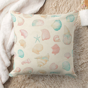 Pastel Seashell Starfish Blue Peach Coastal Throw Pillow