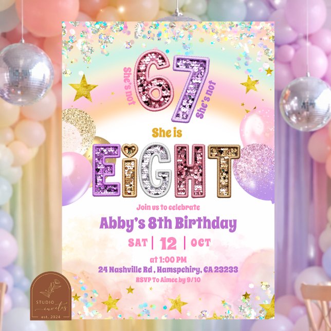 Pastel Sequin Glitter 67 Girl 8th Birthday Invitation (Creator Uploaded)
