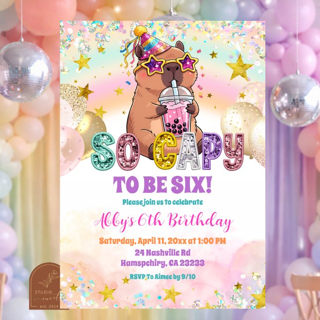 Pastel Sequin Glitter Capybara Birthday Invitation (Créateur téléchargé)