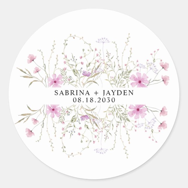 Pastel Shade Blush Pink Wild Floral Wedding Classic Round Sticker (Front)