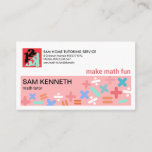 Pastel Shades Math Symbols Math Tutor Business Card<br><div class="desc">A white and light red column design. The light red column at the base is accentuated by various pastel shades of math symbol. Over at the top, beside the numbers logo are your business name and contact details. Just below this is your first slogan option "make math fun", which you...</div>