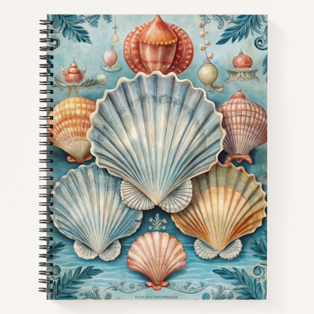 PASTEL SHADES OF BLUE & ORANGE TROPICAL SEASHELLS NOTEBOOK (Front)