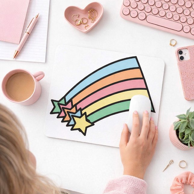 Pastel Shooting Star Rainbow Retro Aesthetic  Mouse Pad (A mouse pad with a retro inspired design of a shooting star rainbow)