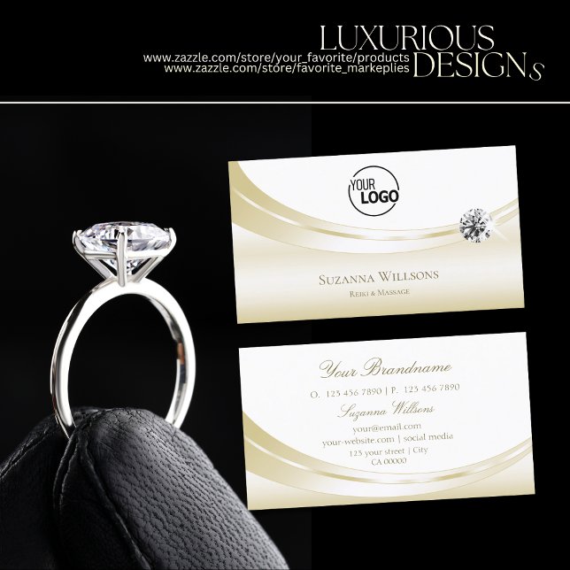 Pastel Silk Gold White with Logo and Spark Diamond Business Card (Creator Uploaded)
