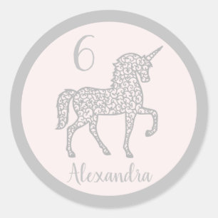 Pastel Silver Unicorn birthday party Own name Classic Round Sticker