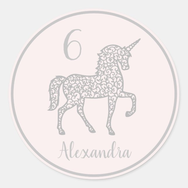 Pastel Silver Unicorn birthday party Own name Classic Round Sticker (Front)