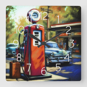 Pastel Sketch Vintage Gas Station Cars Square Wall Clock