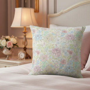 Pastel Sketch Watercolor Floral Throw Pillow